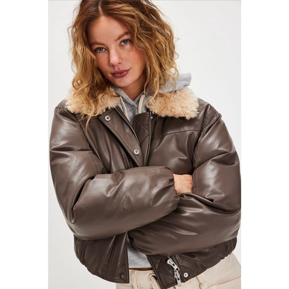 Stand Studio Fran Faux Fur Bomber Jacket Brown Size‎ 6 NWT Free People